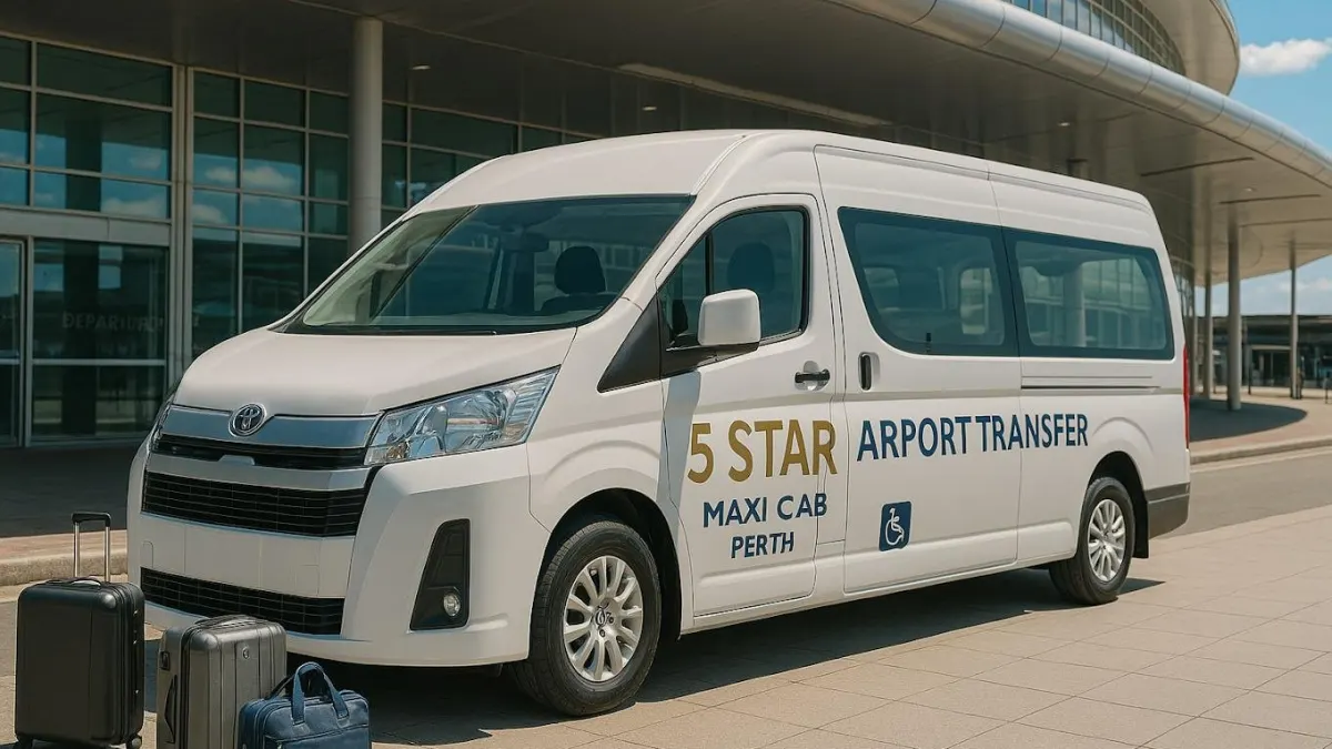 Five Star Maxi Cab airport transfer van at Perth Airport with luggage